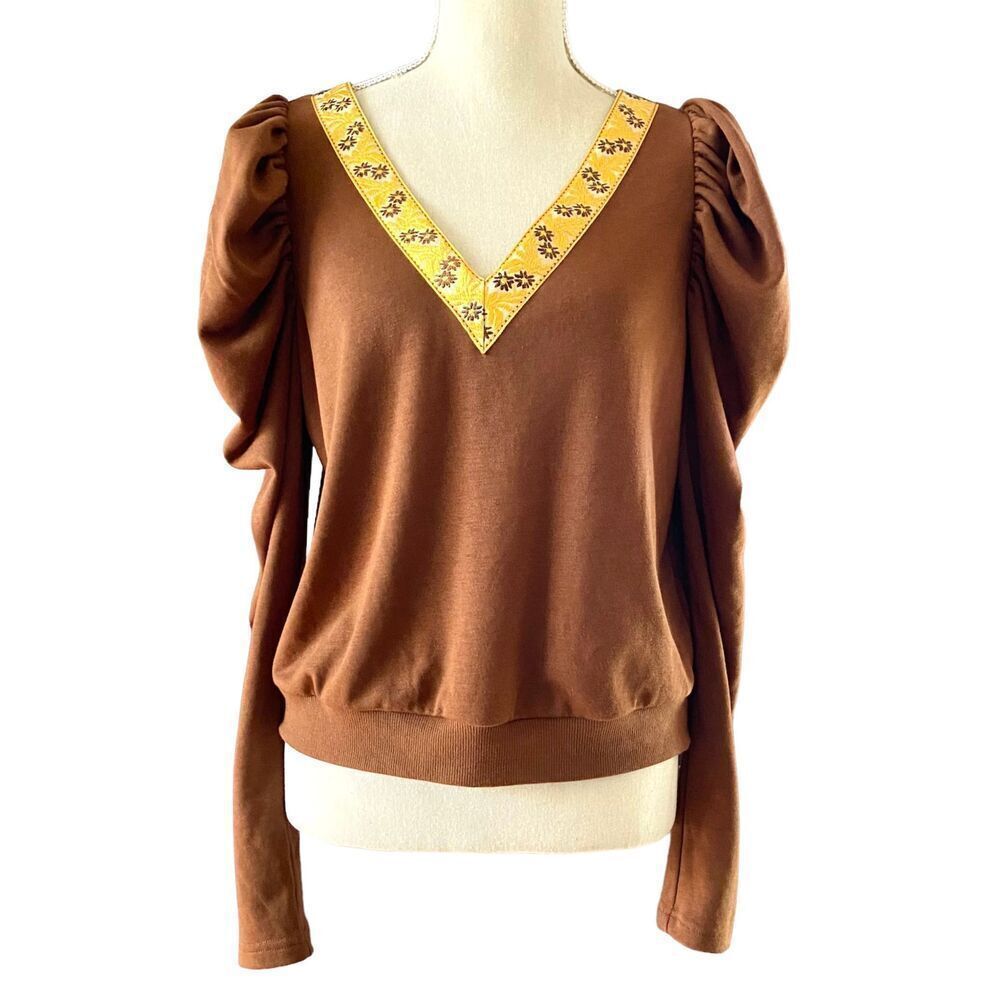 Shein Puff Sleeve Wide Ribbon V-Neck Top S